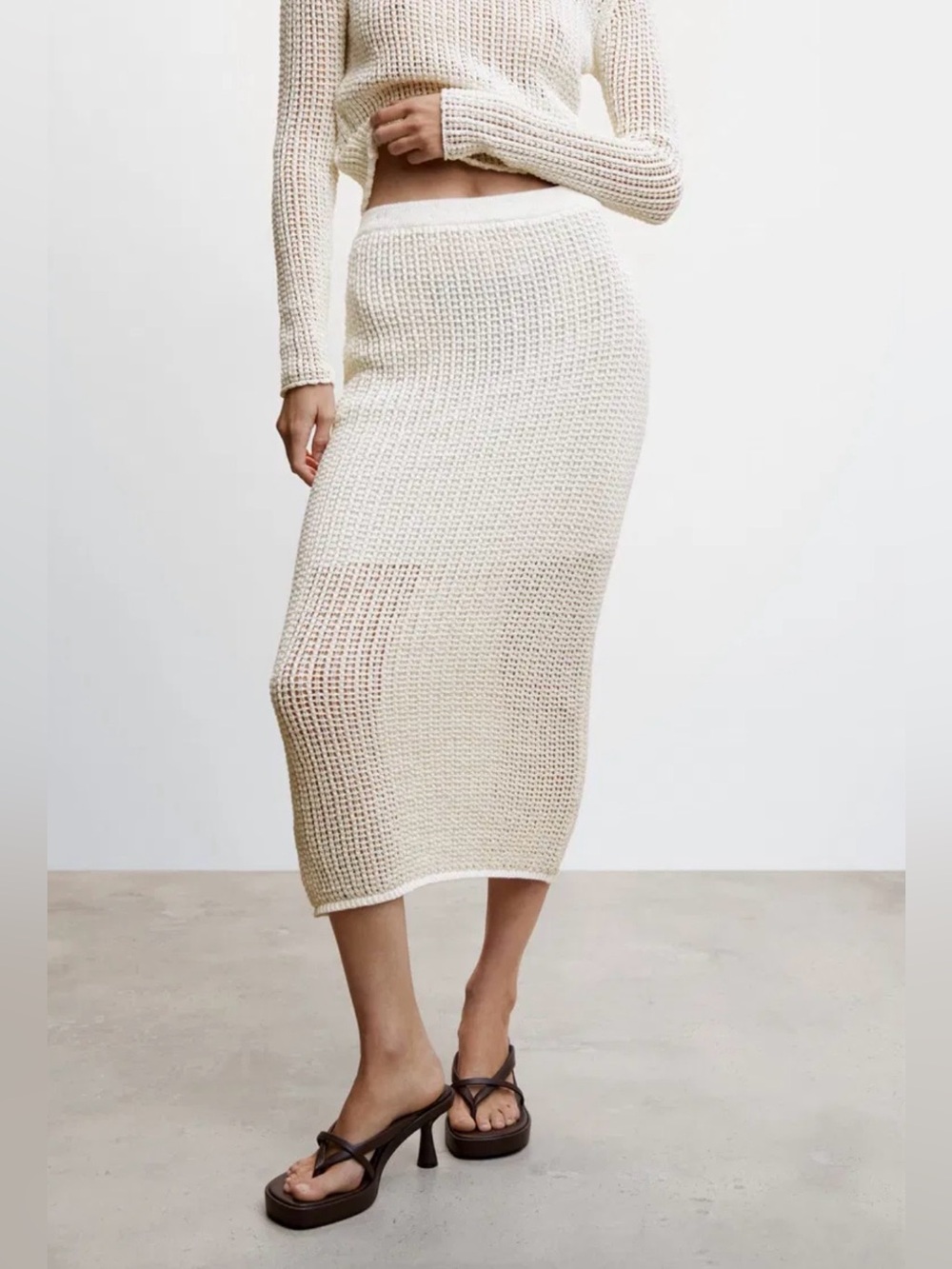 NWT Mango Crochet Knit Straight Midi Skirt in Cream Size S